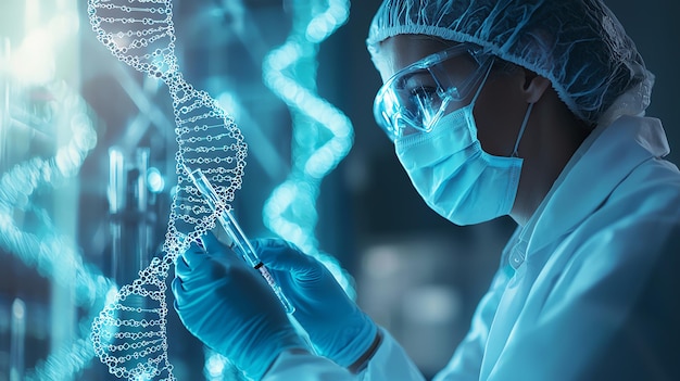 Photo a scientist in a protective suit is looking through a microscope