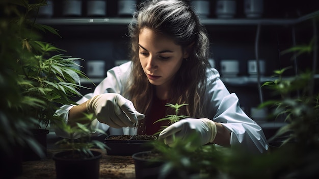 Scientist researching cannabis weed plant marihuana farm plantation generative AI