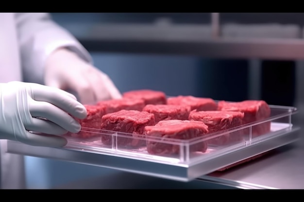 Scientist in rubber gloves taking artificial labgrown meat lying on counter