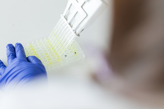 Scientist Using Multichannel pipette and multiwell eppendorf plate in laboratory