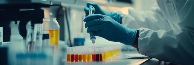 Photo scientist using a pipette in laboratory