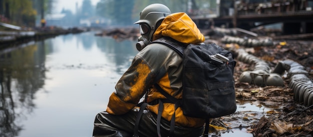 scientist wearing hazmat suit collecting water samples