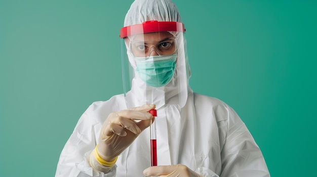 a scientist wearing a mask and mask is holding a red pen