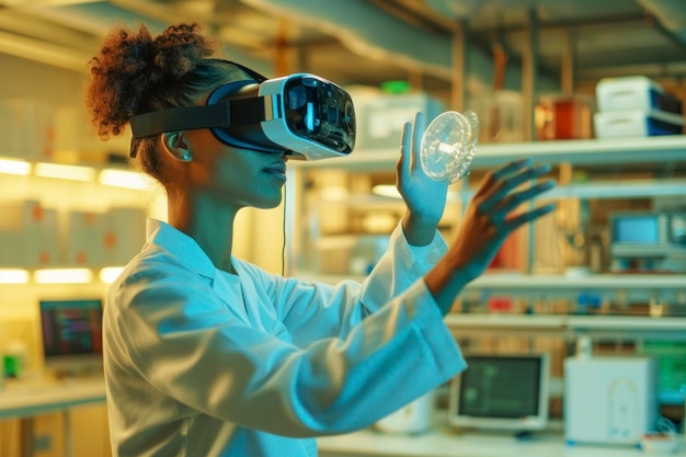 Scientist wearing a VR headset and interacting with virtual reality in the science lab