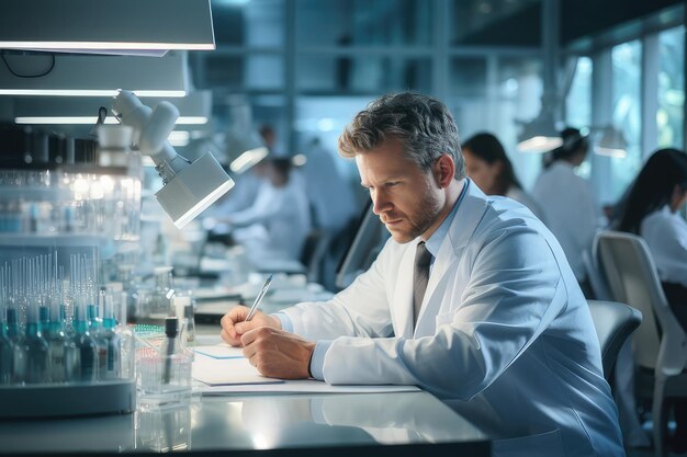 A scientist in a white coat writing a report at a desk in a modern laboratory