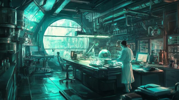 Photo a scientist in a white lab coat stands in a futuristic lab working on experiments the lab is