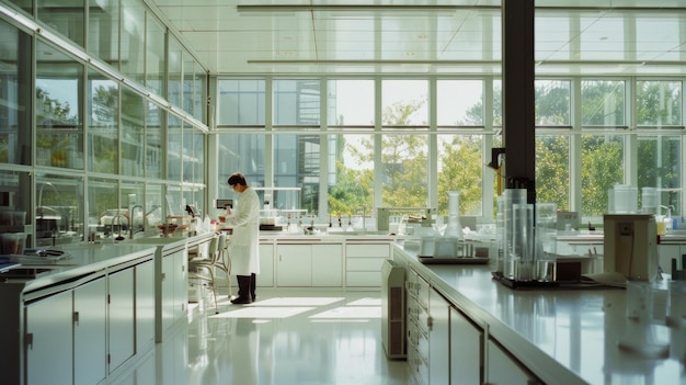 Photo a scientist in a white lab coat works in a pristine sunlit laboratory surrounded by glassware and advanced equipment