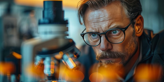 Scientist with glasses intensely focusing on a microscope in a laboratory