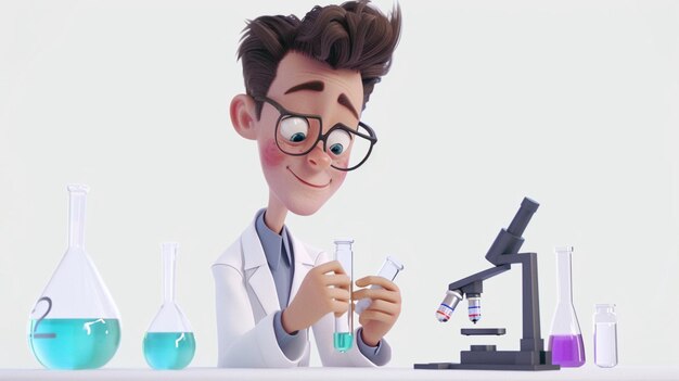 a scientist with glasses and a lab coat is holding a test tube with a scientist in the background