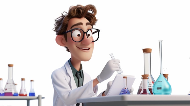 a scientist with glasses and a lab coat is looking at a test tube