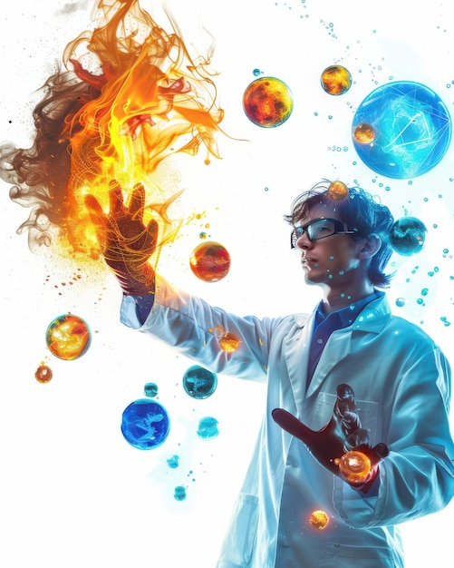 A scientist with a glove that can manipulate the elements small orbs of fire water earth and air floating around them isolated on a white background ar 45 v 6 Job ID 1b2322b41c0c4582b3e1e9750e68d61e