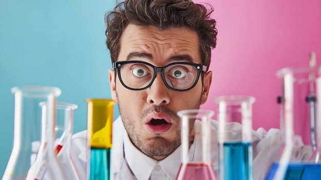 Scientist with Surprised Expression Amidst Lab Equipment