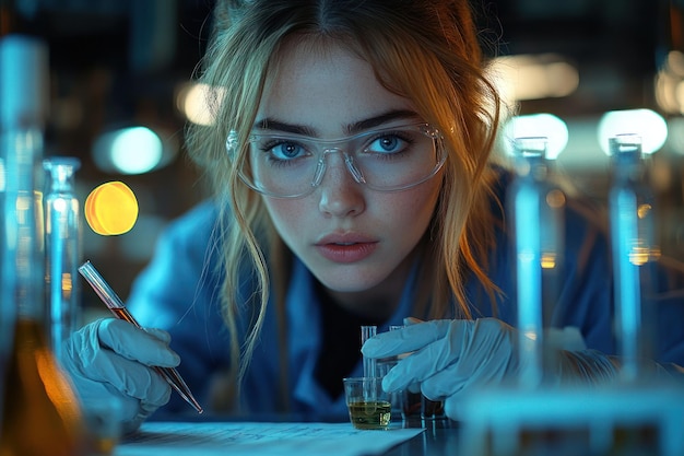 Photo scientist woman concentrated in lab