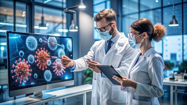 Photo a scientist and a woman in white coats are looking at a monitor with a virus in the background