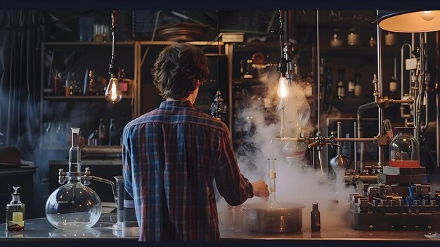 Scientist Working in Laboratory with Glass Equipment