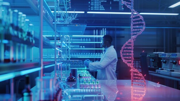 Photo scientist working in a modern lab with a holographic dna model