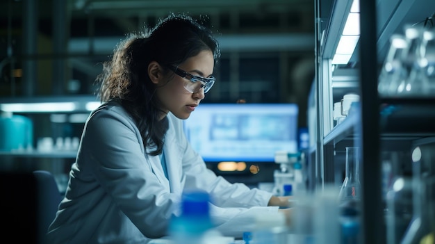 A scientist working with data in a lab with sophisticated equipment and graph innovation and science