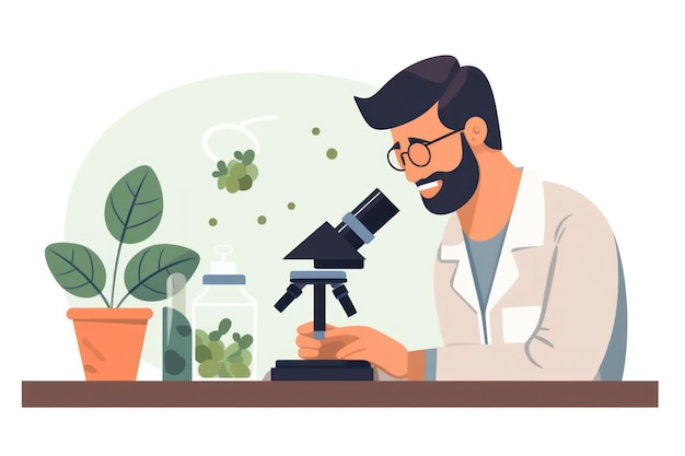 Scientist working with microscope in lab illustration in flat style white colors