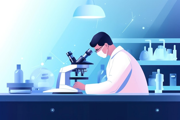 Scientist working with microscope in laboratory in the evening lab medical