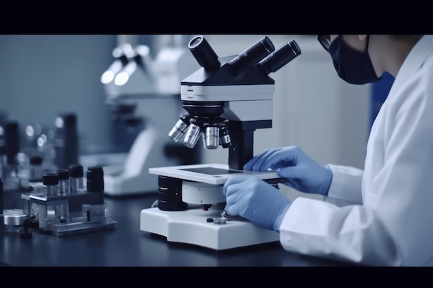 Scientist working with microscope in laboratory science medicine health research and development