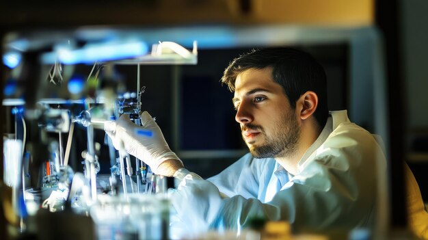 Photo scientist working with test tubes in a modern laboratory conducting chemical experiments with dna