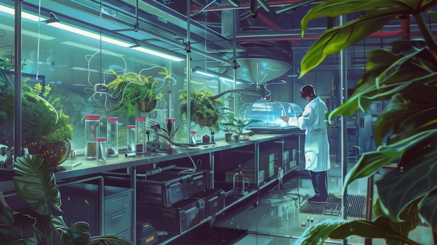 Photo a scientist works in a futuristic laboratory surrounded by plants and bioengineered specimens