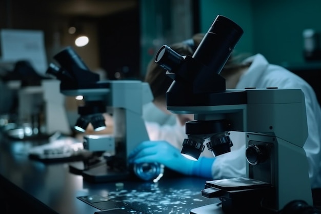 A scientist works in a lab with a microscope.