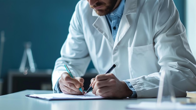 Photo scientist writing formula isolated on flat color background