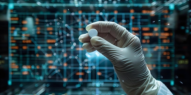 Photo scientists holding placebo pill against futuristic medical data concept medical research science and technology clinical trials placebo effect futuristic medicine