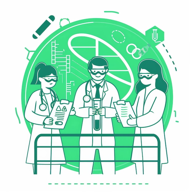 Photo scientists in lab coats discussing research with dna helix and test tube icons in the background