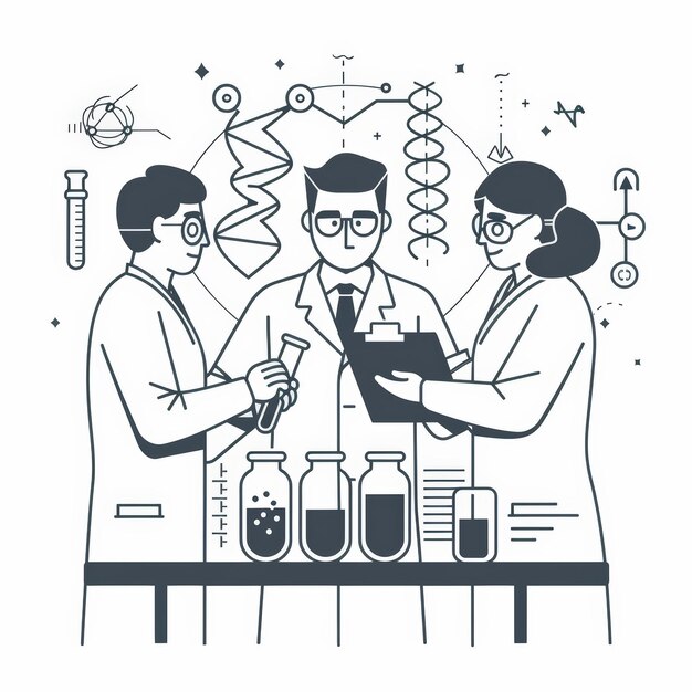 Photo scientists in lab coats discussing research with dna helix and test tube icons in the background