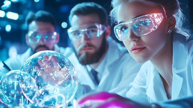 Photo scientists in lab with glowing spheres innovation technology