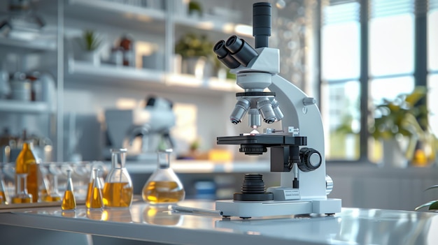 Scientists microscope and test tubes in a modern lab