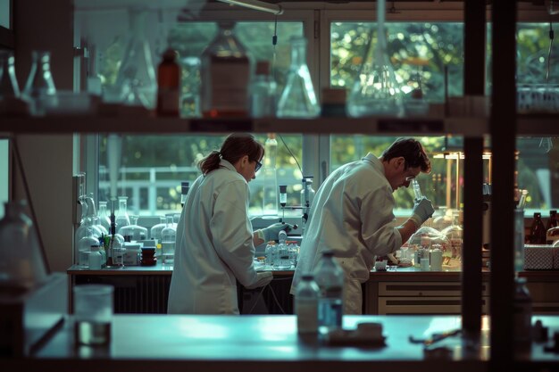 Photo scientists in protective gear conducting experiments in a hightech laboratory with various scientific equipment