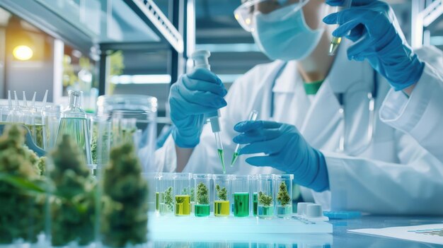 Scientists in protective gear conducting research with plants in a laboratory examining test tubes