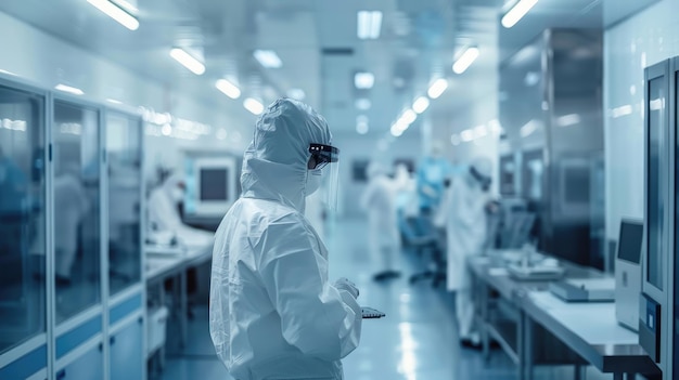 Photo scientists in protective suits working in a hightech laboratory