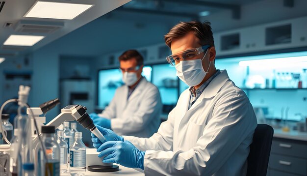 Photo scientists working at the laboratory isolated with white highlights