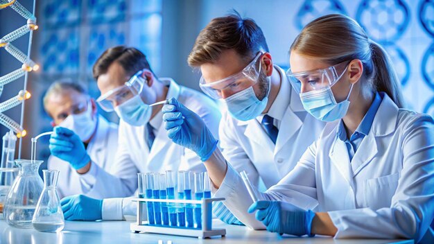 Photo scientists working in a laboratory with a test tube