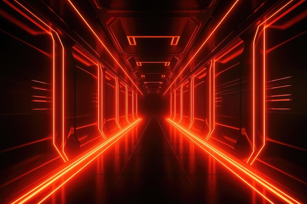 Scifi Big Wide Hall with Glowing Lights and Laser Reflective Floor