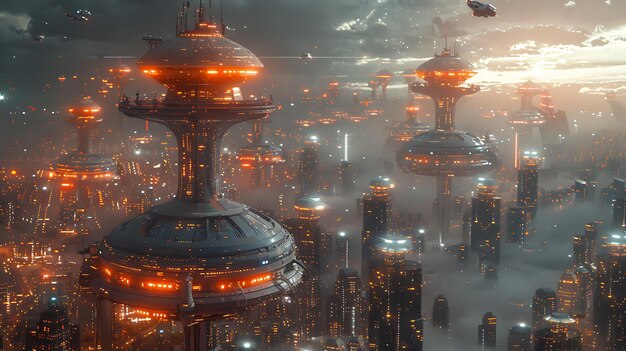 Scifi cityscape at night with floating vehicles and drones monitoring the skies neon signs and advanced architecture