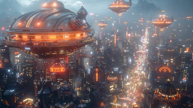 Scifi cityscape at night with floating vehicles and drones monitoring the skies neon signs and advanced architecture