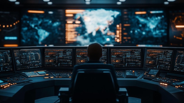 Photo scifi command center with advanced holographic data panels