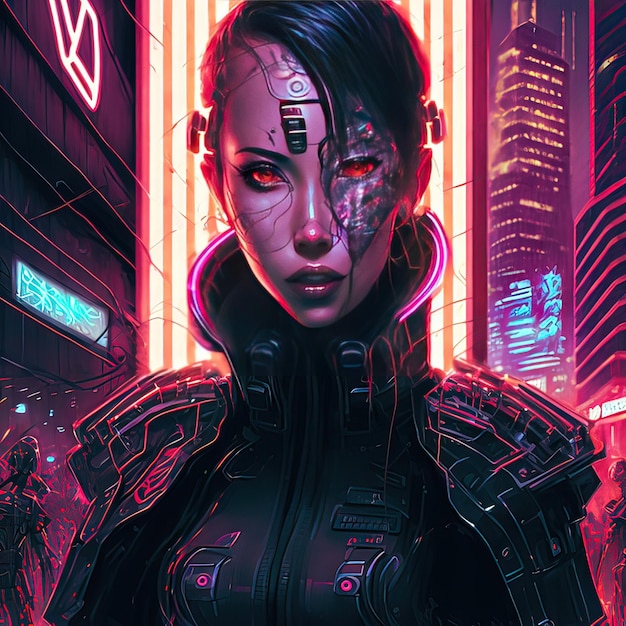 A scifi cyborg woman Scifi samurai cyborg girl A young girl in a futuristic armored suit against the background of a night city 3D rendering Digital art style illustration painting