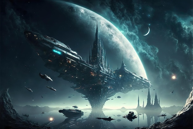 Scifi fantasy floating city in the vastness space