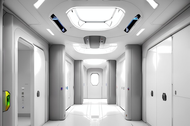 Scifi futuristic interior of a white space station Concept art illustration AI