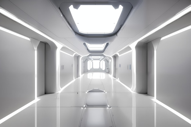 Scifi futuristic interior of a white space station Concept art illustration