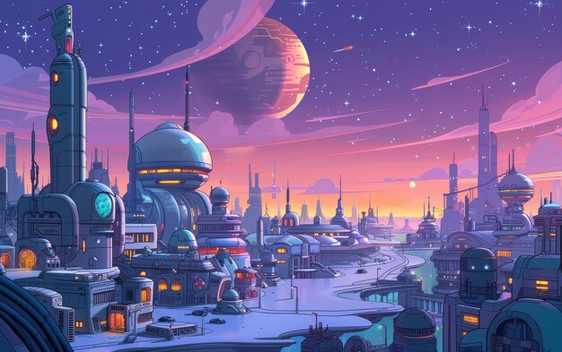 Photo scifi futuristic space alien planet cyberpunk cities dystopian landscape 2d cartoon background