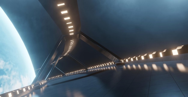 Scifi hallway path from space to planet earth