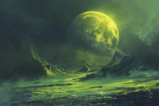 Photo scifi landscape of an alien world under green sky