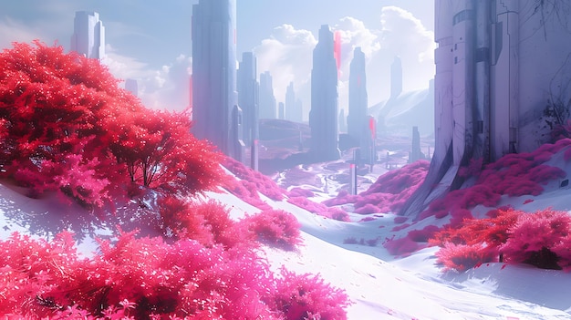 Scifi landscape with vivid pink foliage and futuristic city skyline